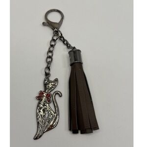 Gun Metal Tone Cat Keychain with Red Bow Brown Tassel Bag Charm Accessory Goth